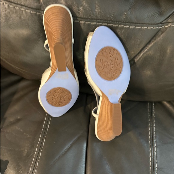 BOBBI BLU  SZ 8.5 M LEATHER FABRIC Peep TOE SLINGBACK HEELS SHOES leather wedge - Picture 5 of 7